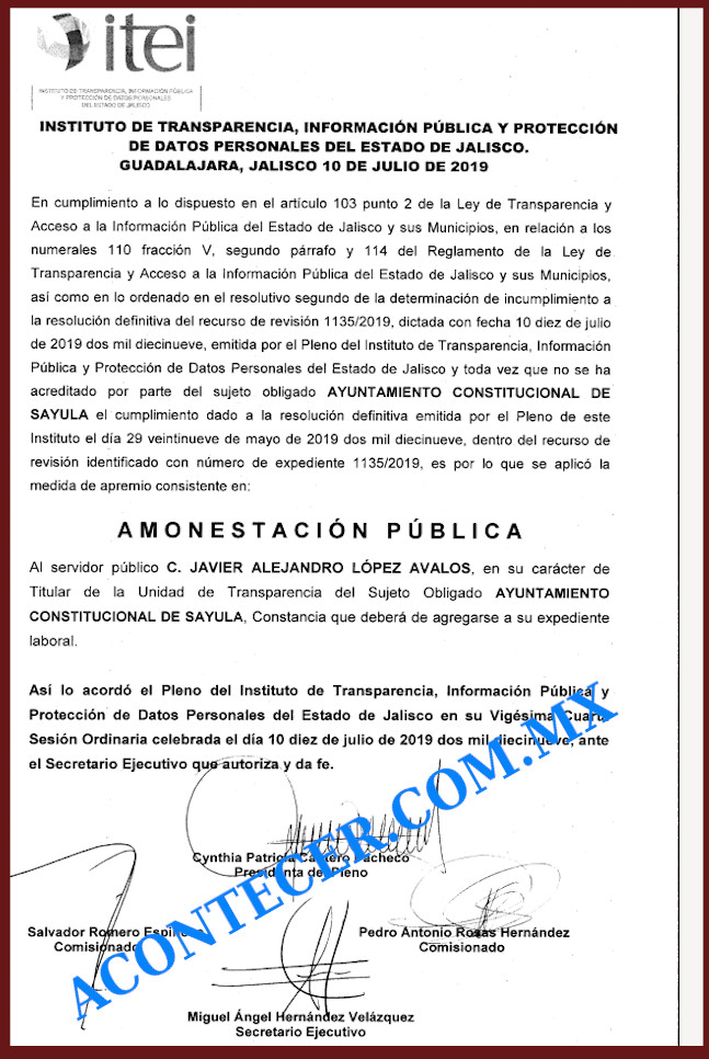 Copia de la Amonestacion Publica para Alejandro Lopez Avalos de el 10 de Julio 2019 por ocultar informacion financiera