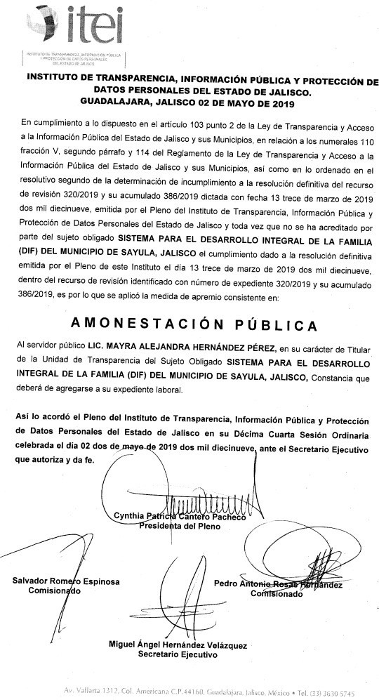Amonestacion Publica para Mayra Alejandra Hernandez Perez