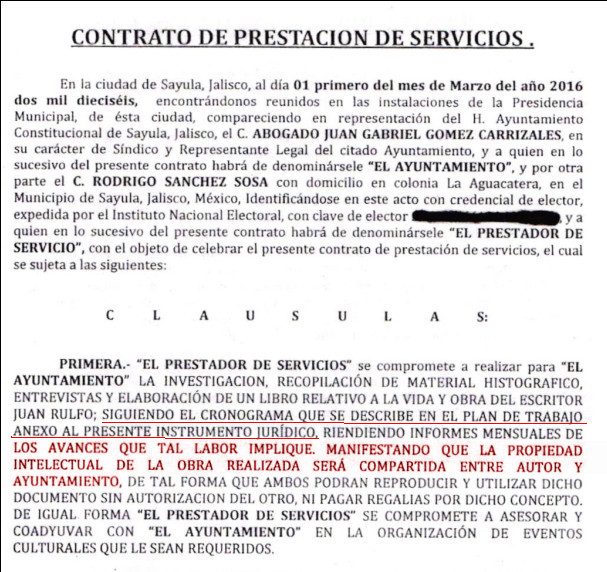 Copia de la clausula de el contrato de prestación de servicios efectuado el día 1 de Marzo del 2016 entre el Ayuntamiento de Sayula y el panadero Rodrigo Sánchez Sosa.