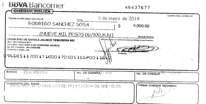 Copia de uno de los cheques que se le pago a Rodrigo Sanchez por un libro que nunca escribio