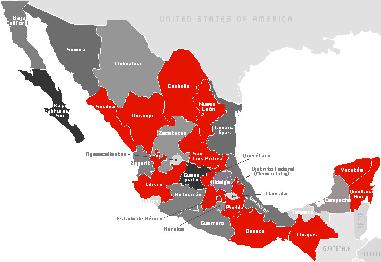 Total de casos de Coronavirus COVID-19 en Mexico - por estado Mapa