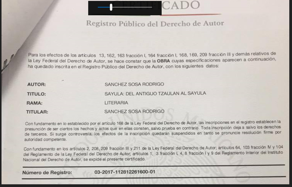 Copia del registro de la obra (que robo el panadero Rodrigo Sánchez Sosa) ante el Instituto Nacional del Derecho de Autor.
