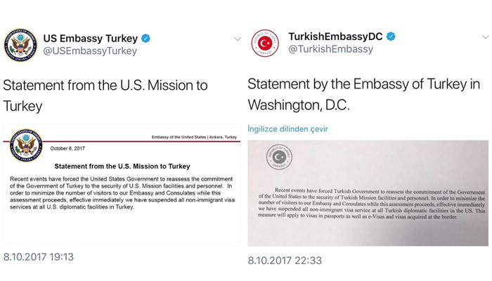 Mensajes entre Turquia y EEUU al romper relaciones y suspender visas mutuamente