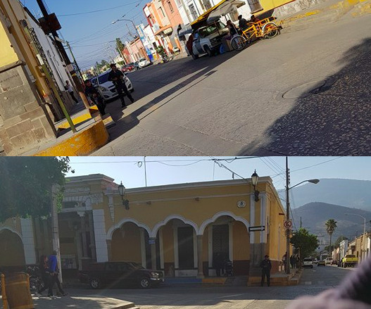 Policias vigilando la zona del Tianguis del centro Sayula, Jalisco 