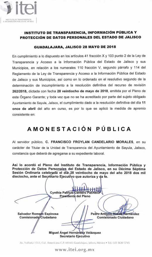 Segunda Amonestacion Publica para Froylan Candelario Morales por encubrir las cantinas ilegales de Sayula.