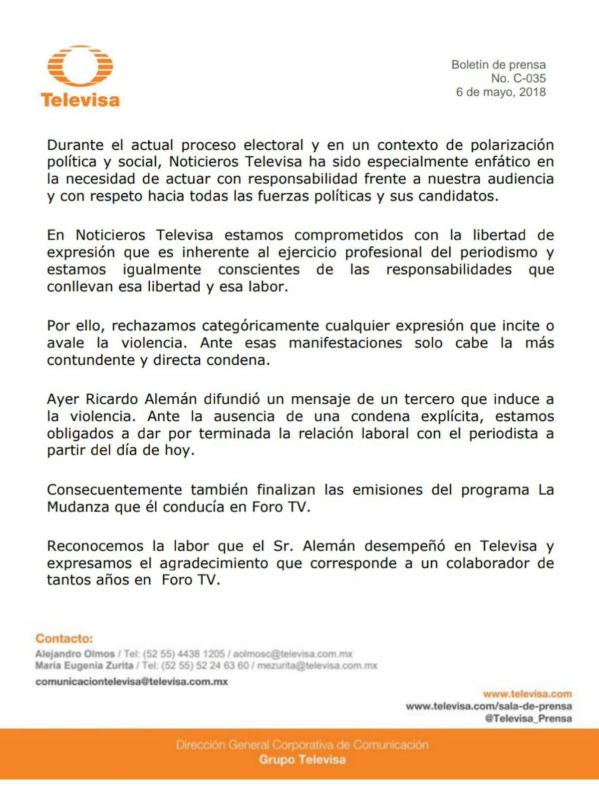 Comunicado de Televisa sobre el llamado a asesinar a AMLO 