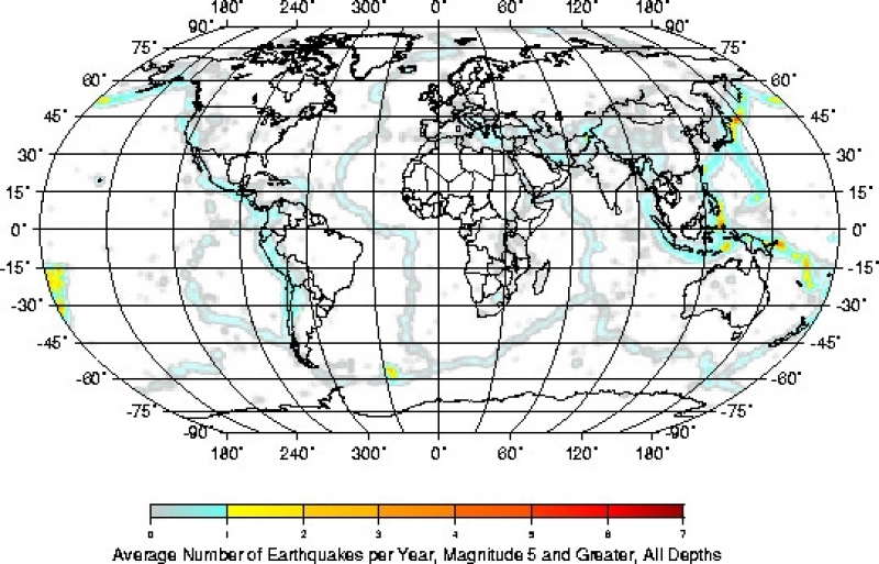 Mapa de densidad de terremotos. Se observa la concentración de sismos en bordes de placa.