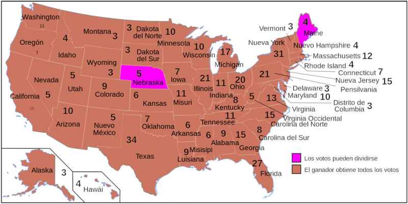 Mapa de los estados de USA, los votos pueden dividirse, el ganador obtiene todos los votos