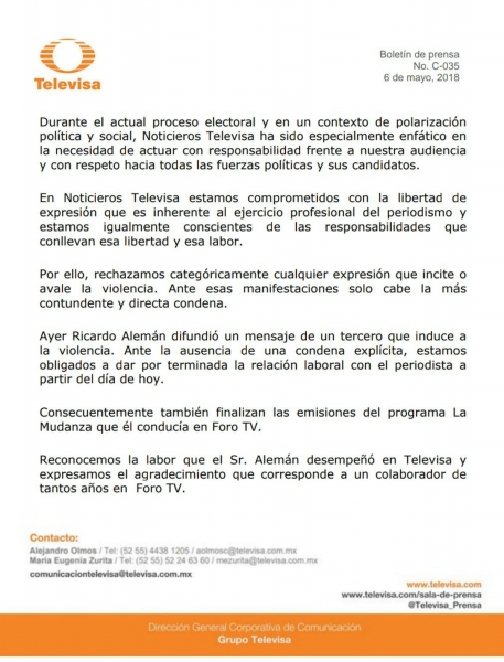 El comunicado de Televisa