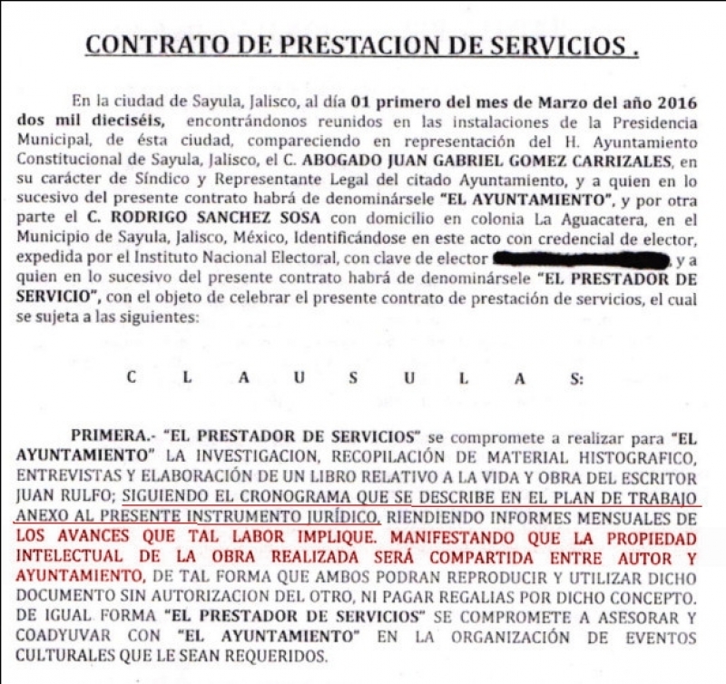 Copia de la clausula de el contrato de prestación de servicios efectuado el día 1 de Marzo del 2016 