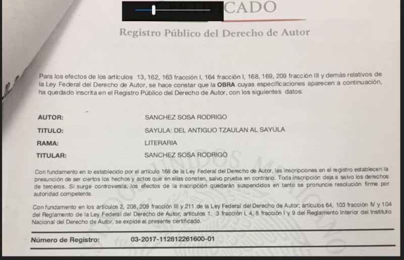 Copia del registro de la obra (que robo el panadero Rodrigo Sánchez Sosa) ante el Instituto Nacional